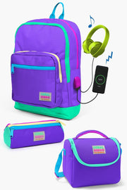 Kids Purple Color Detailed Usb 3 Pcs School Bag Set Set0123834