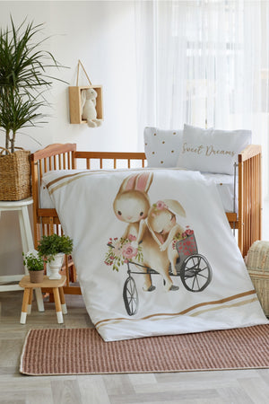 Organic Printed Cotton Satin Baby Duvet Cover Set - Polka Dot And Rabbit Themed