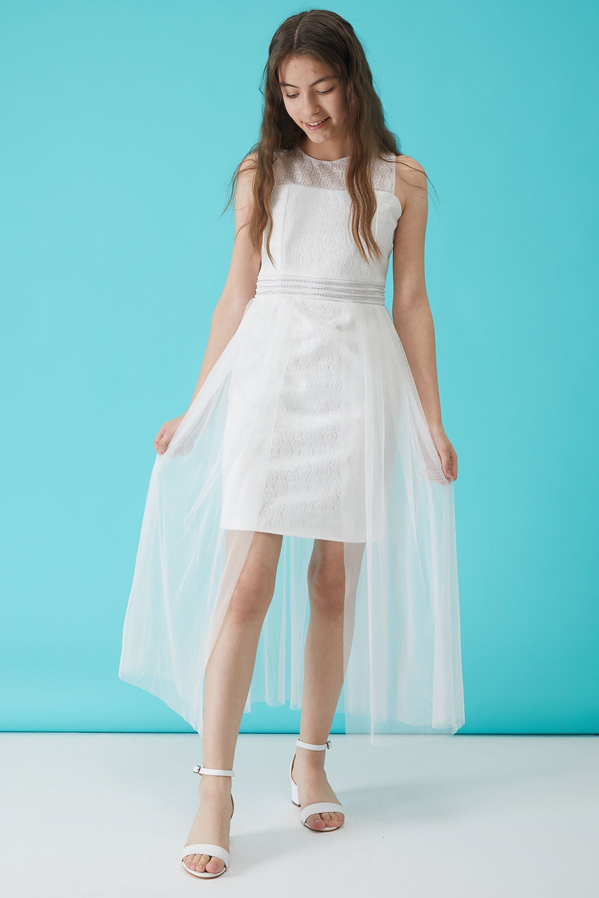 Girl's White Stone Detailed Tulle Evening Dress 15157
