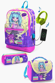 Kids Purple Pink Anime Girl Patterned Usb 3-Piece School Bag Set Set0123835