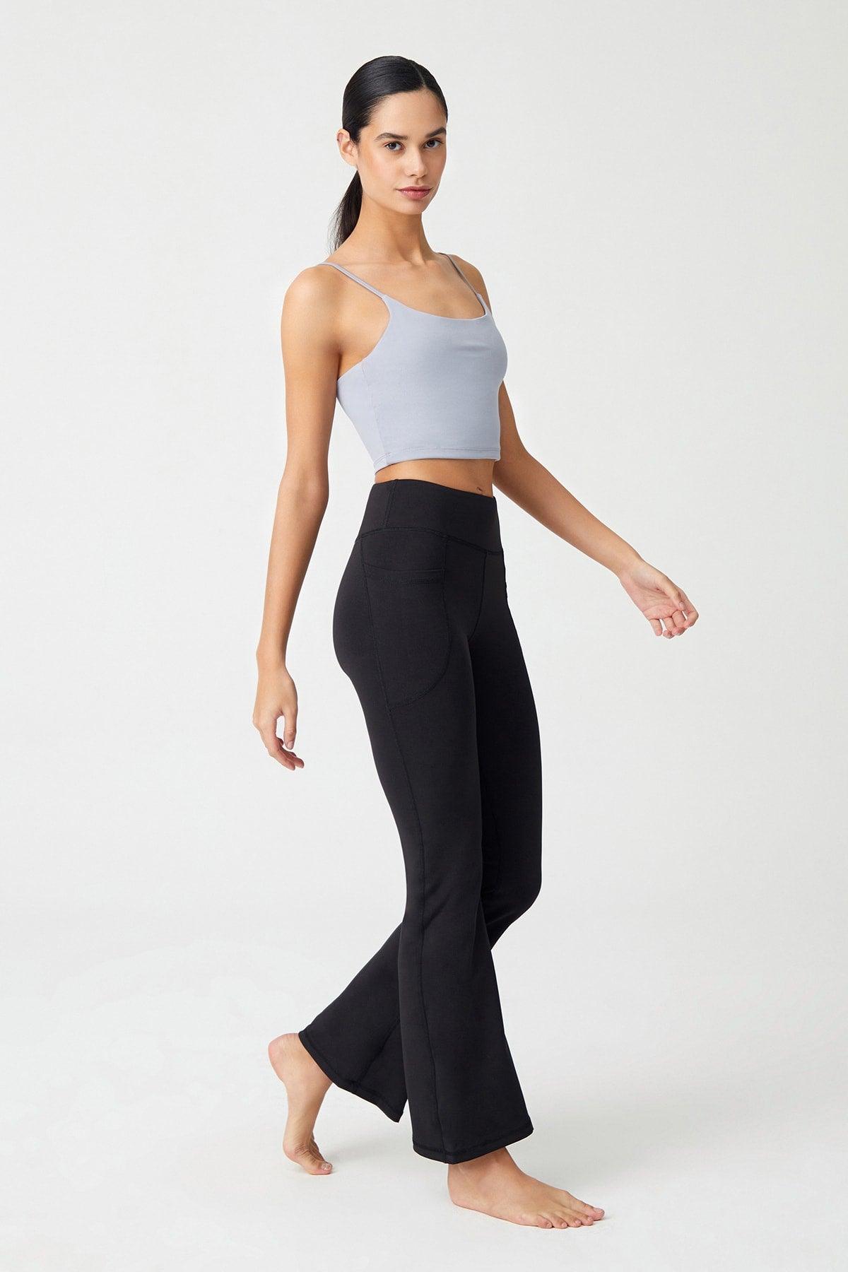Women's Black High Waist Slimmer Double Pocket Spanish Leg Leggings Bootcut - Swordslife