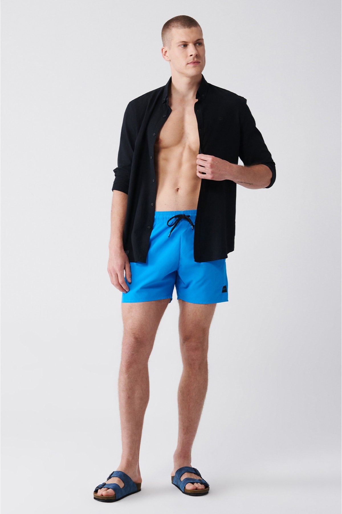 Men's Blue Quick Dry Standard Size Straight Swimwear Marine Shorts E003801