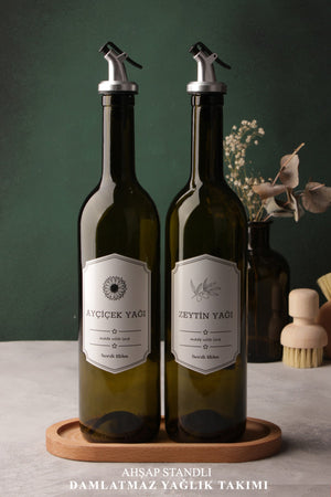 Bernsteinfarbene 2-teilige 750-ml-Olivenölflasche mit Holzständer – Ölhalter-Set aus Glas mit Holzsockel und Etikett