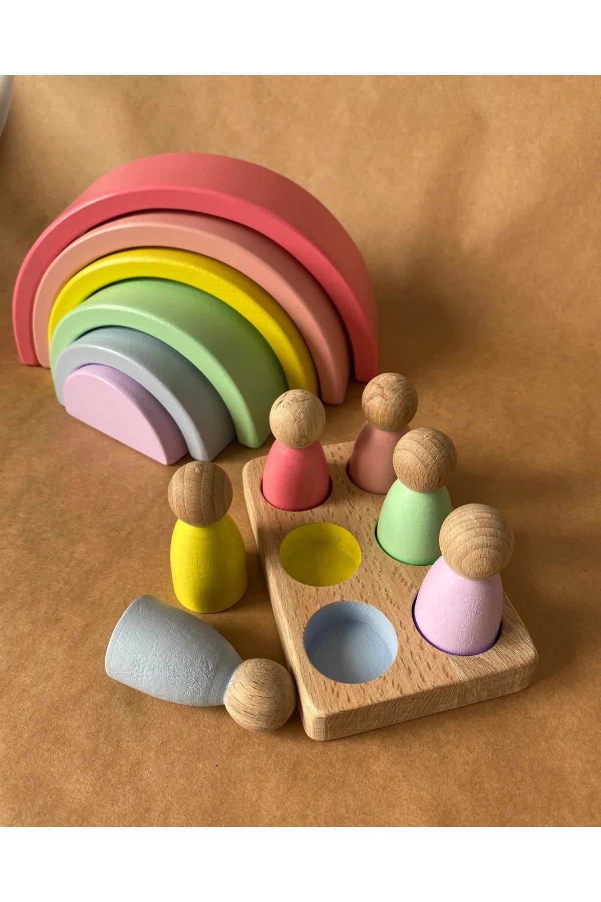Waldorf 6 Piece Rainbow, 6 Pcs Peg Baby Tray Set Pastel Color Matching