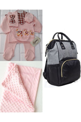 Functional Mother Baby Care Backpack, 100% Cotton Hospital Outlet And Chickpea Blanket Set