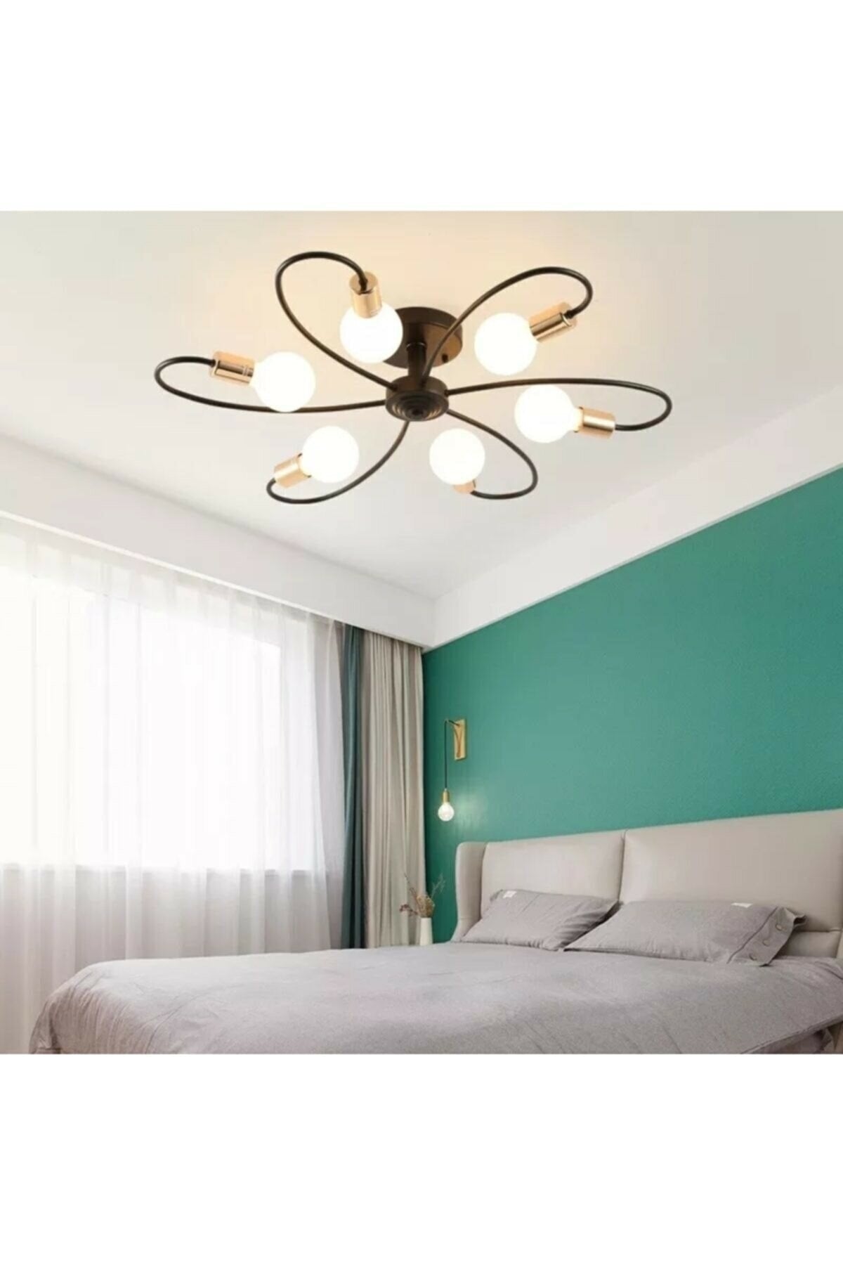 Mars Sport Modern Gold Detailed Black Ceiling Plate 6-Piece Chandelier (Without Bulb)