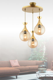 Minel 3-Piece Pendant Lamp Tray Antiqued Gold Gilded Glop Glass Chandelier