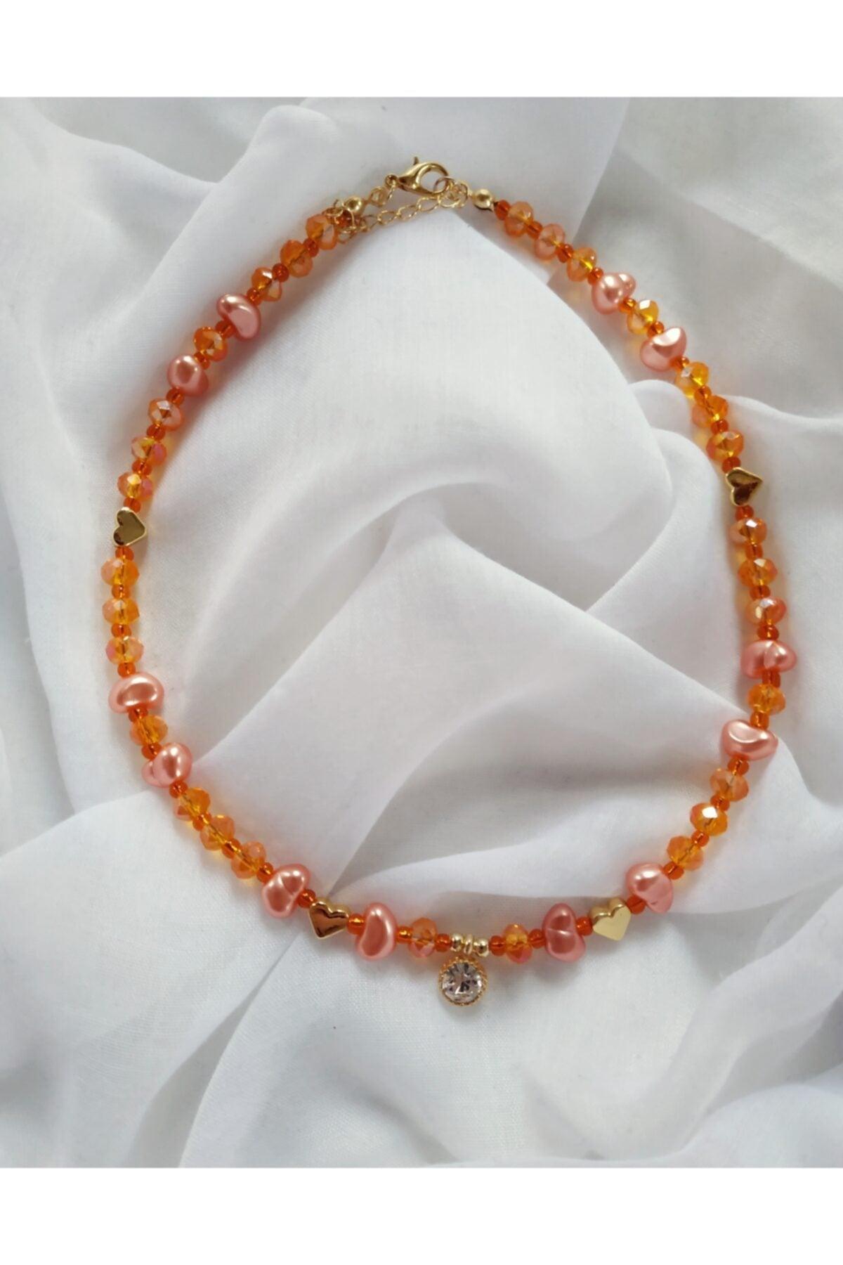 Baroque Pearls Orange Crystal Bead Necklace with White Shimmer Tip - Swordslife