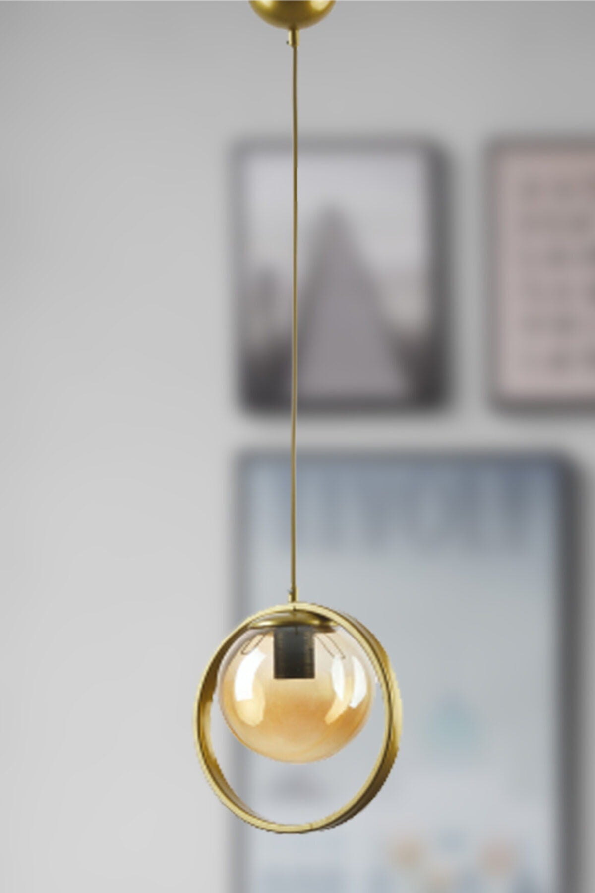 Nina Moderne Metall Gold Farbe Ring Geschlossen Honig Glas Pendelleuchte Wohnzimmer - Küche - Schlafzimmer Einzel Kronleuchter