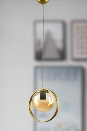 Nina Moderne Metall Gold Farbe Ring Geschlossen Honig Glas Pendelleuchte Wohnzimmer - Küche - Schlafzimmer Einzel Kronleuchter