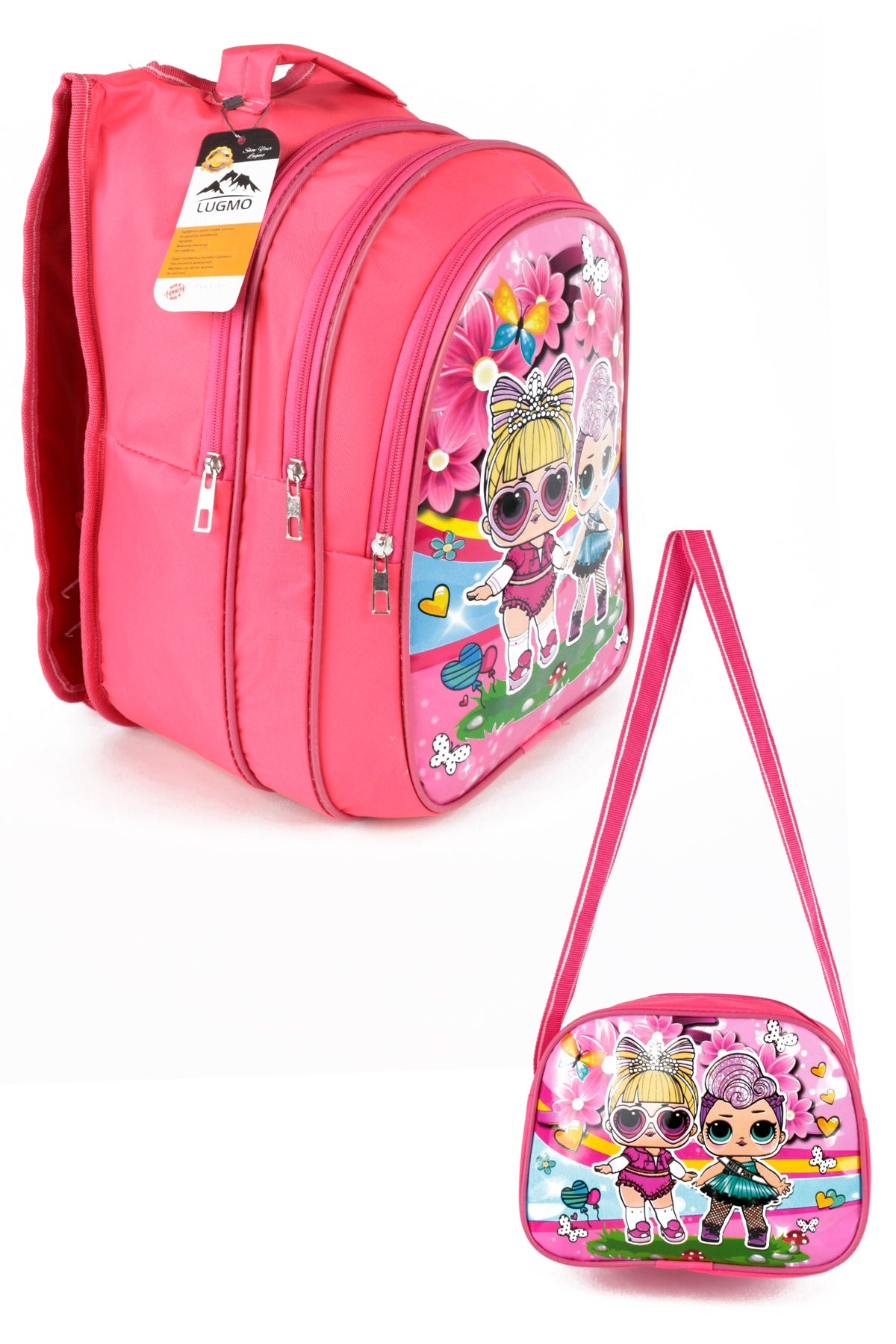 Middle School Primary School Bag and Lunch Box 3 Pockets Padded Pink