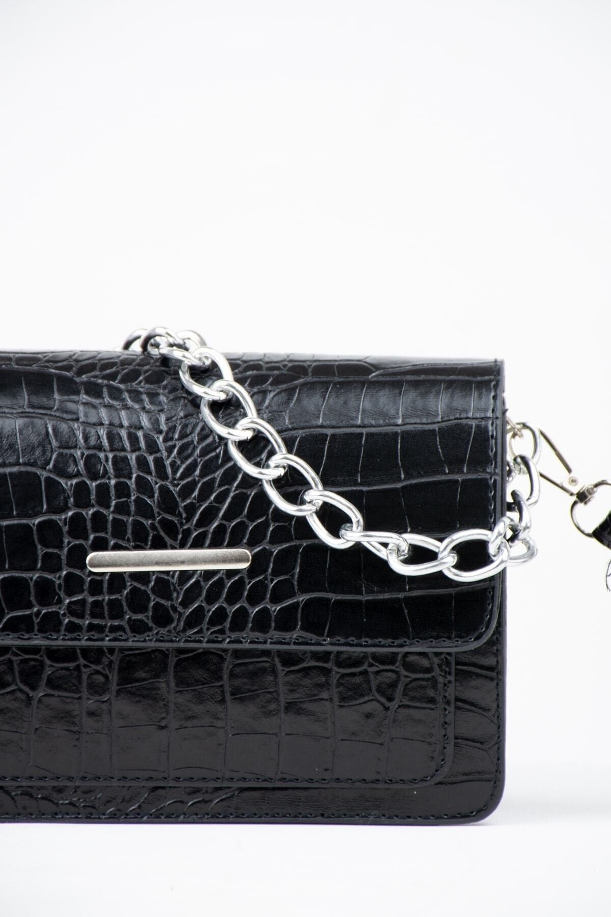Schwarze Clutch mit Krokodilmuster für Damen, Baguette-Tasche mit Kettenriemen