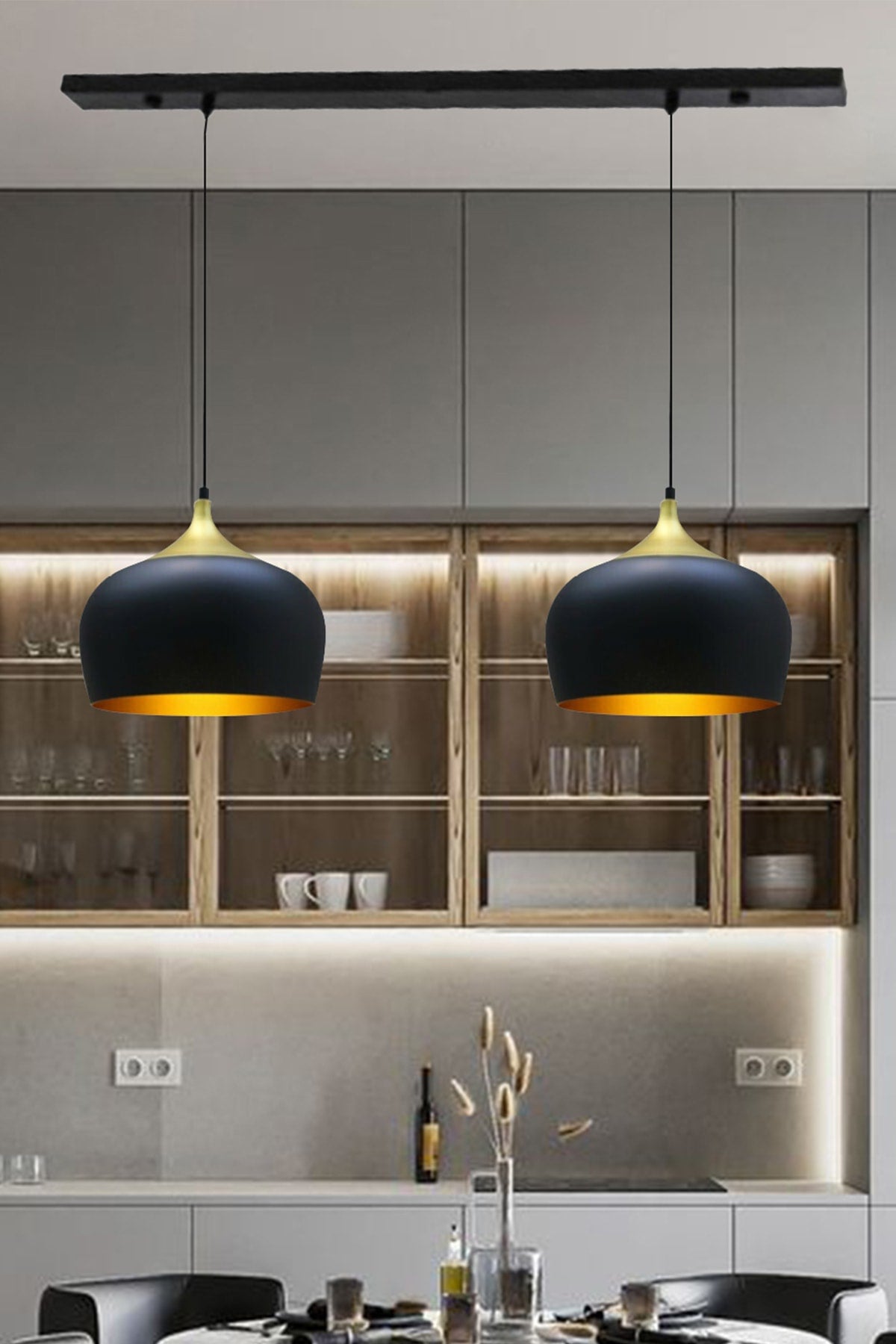 Double Wide Circle Black Pendant Lamp For Dining Table Living Room Kitchen Hall Hotel Showroom