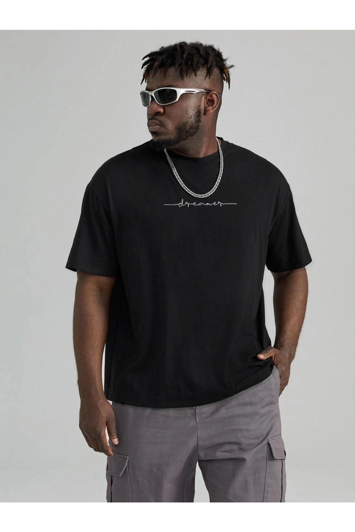  Черный - Мужская черная футболка с круглым вырезом с принтом Sokak Dreamer
