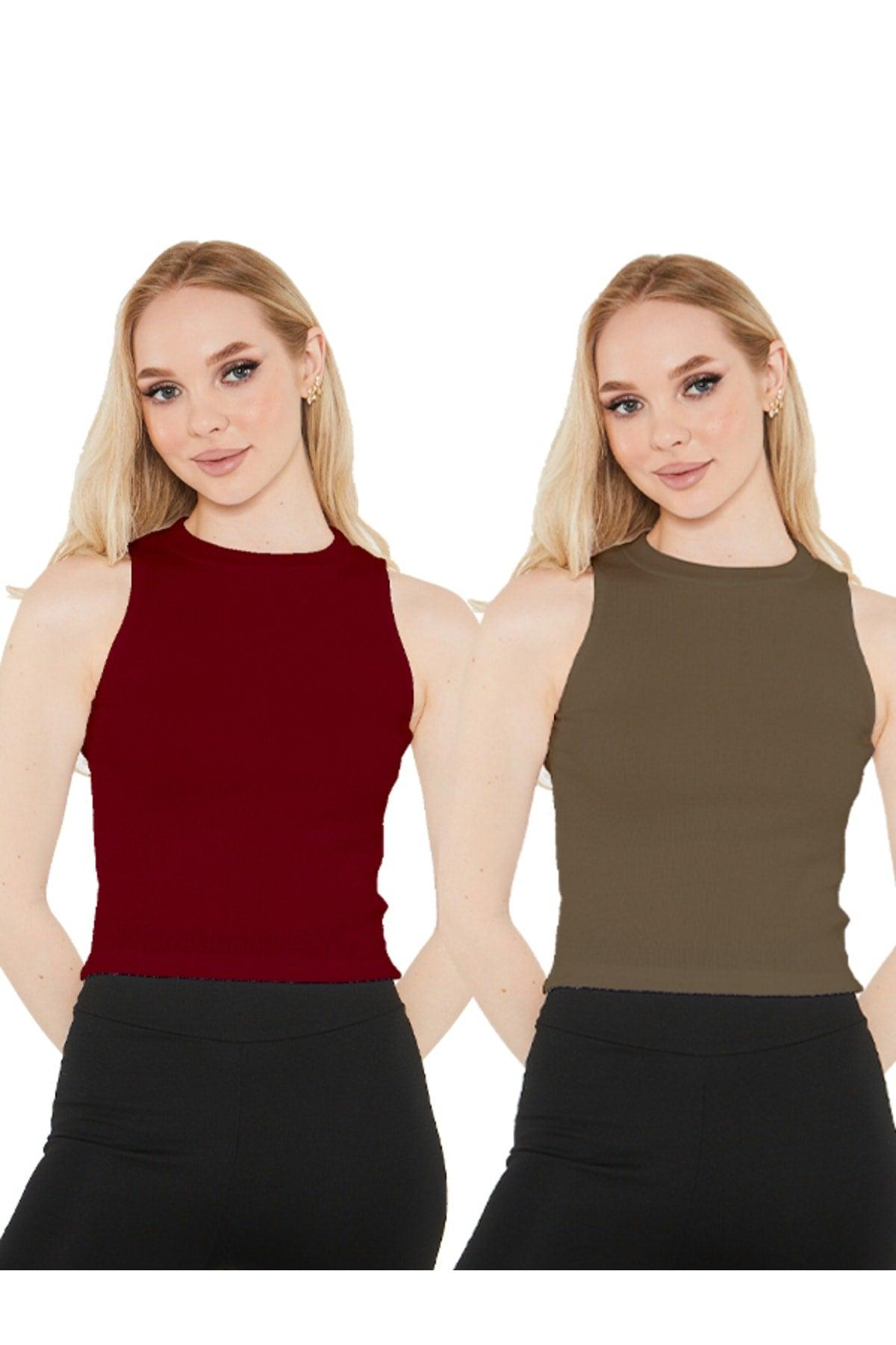 Women's Claret Red Khaki Halter Neck 2 Piece Crop Blouse - Swordslife