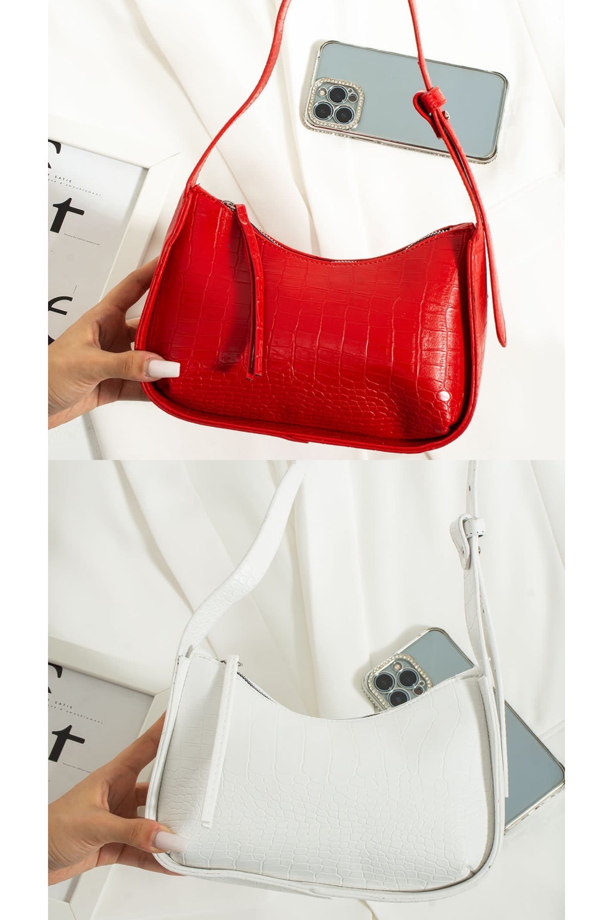 Women'S 2-Pack Crocodile Patterned Baguette Bag Stylish Daily Use Hand Bag