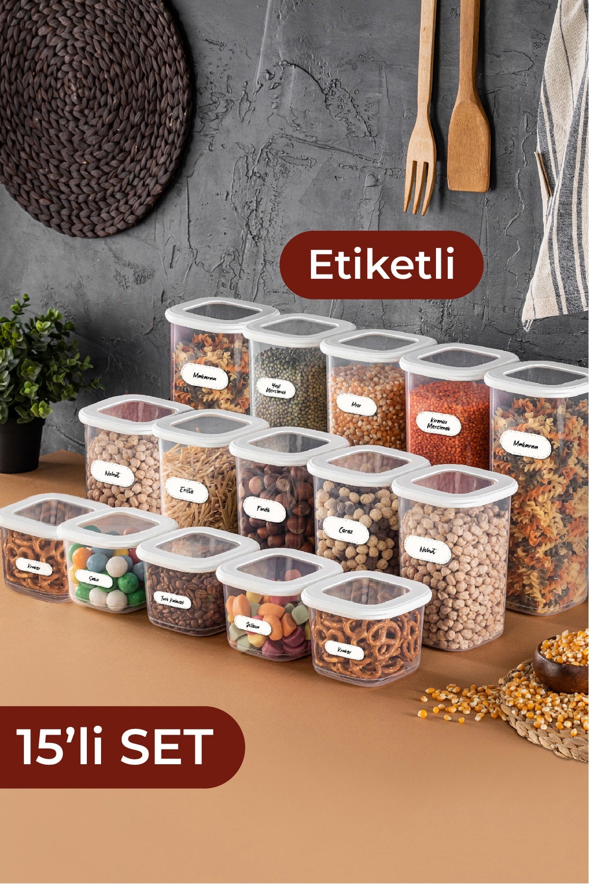 15 Labeled Foil Square Food Storage Container Set 5X(0.55 Liter, 1.2 Liter, 1.75 Liter) White