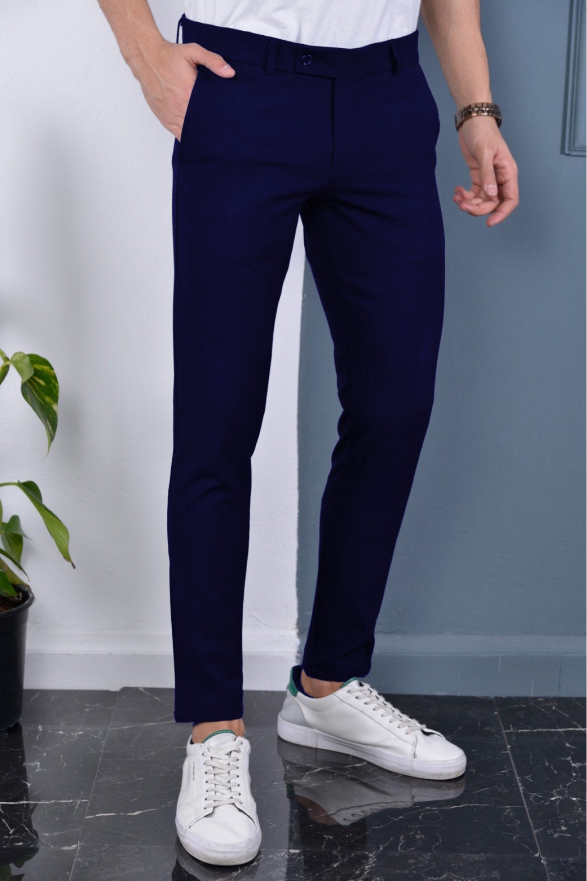 Men's Navy Blue Color Italian Cut Quality Flexible Lycra Fabric Ankle Length Trousers