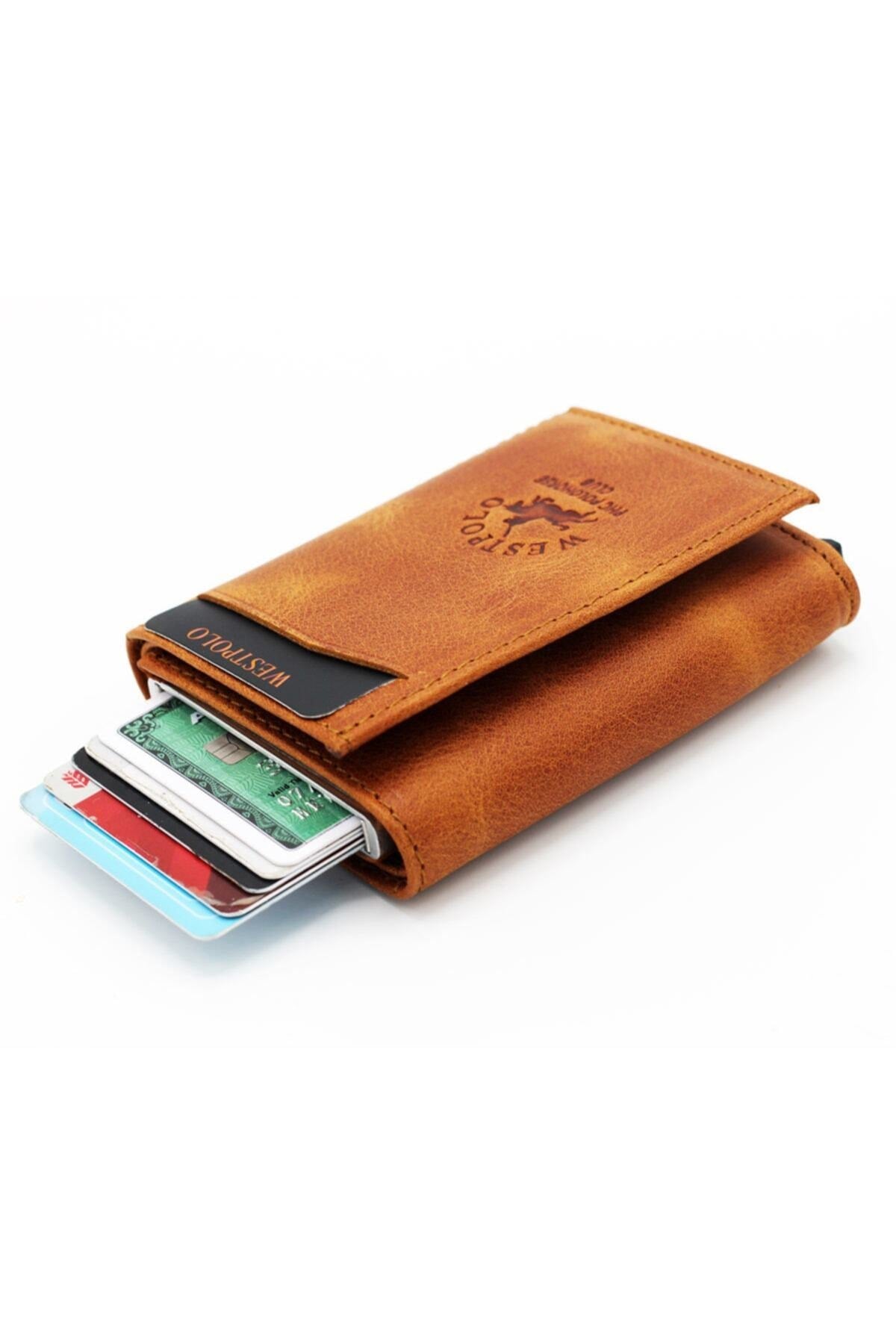 Men'S Tobacco Genuine Leather Mechanism Wallet Card Holder