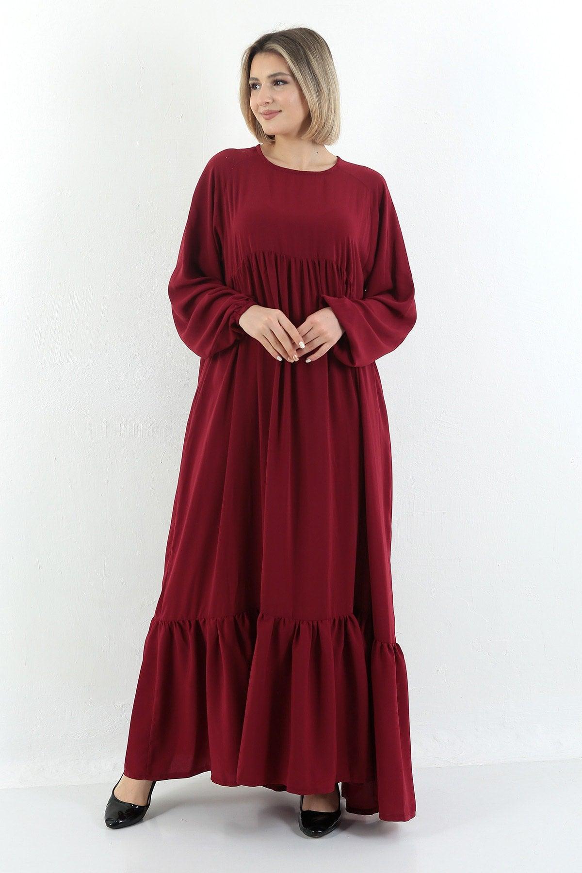 Claret Red Crew Neck Relaxed Fit Elastic Sleeve Side Pockets Pleated Robe Dress - Swordslife