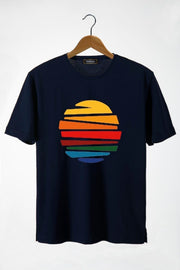 Men'S Navy Blue Sun Front Printed Crew Neck Oversize T-Shirt