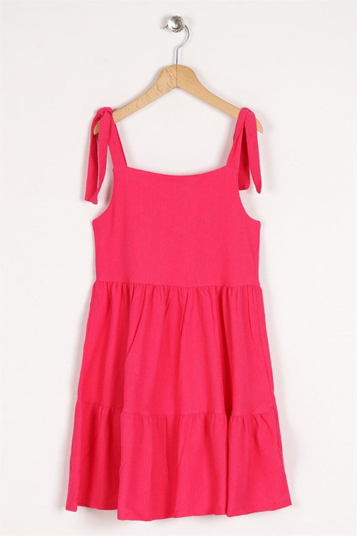 Girl's Fuchsia Colored Strap Front Button Detailed Dress