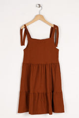 Girl Brown Colored Strap Front Button Detailed Dress