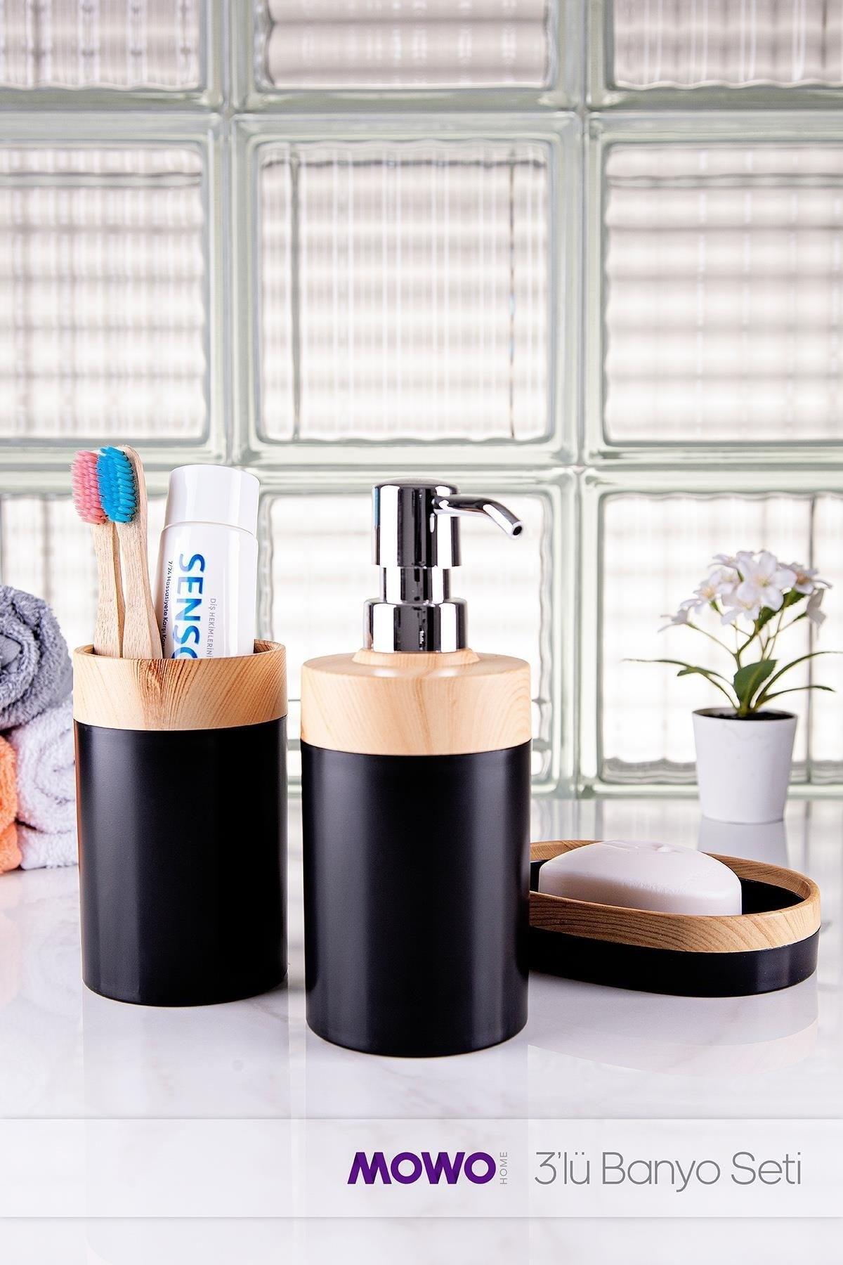 Lucia Wooden Patterned Bathroom Set of 3 Black, (Liquid Soap Dispenser, Solid Soap Dispenser, Toothbrush Holder) - Swordslife