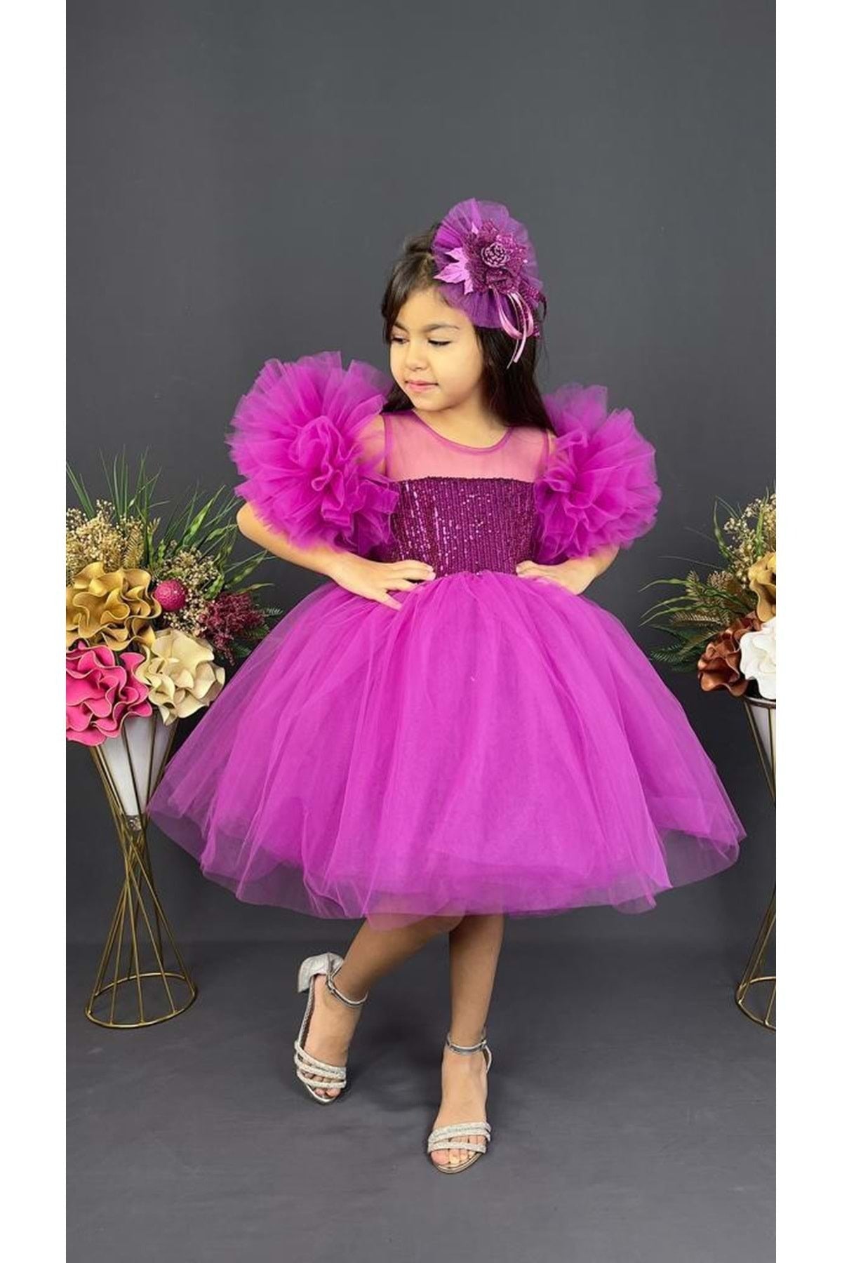 Chiffon Robe Pompom Sleeve Sequined Girls Fluffy Skirt Tulle Evening Dress Purple