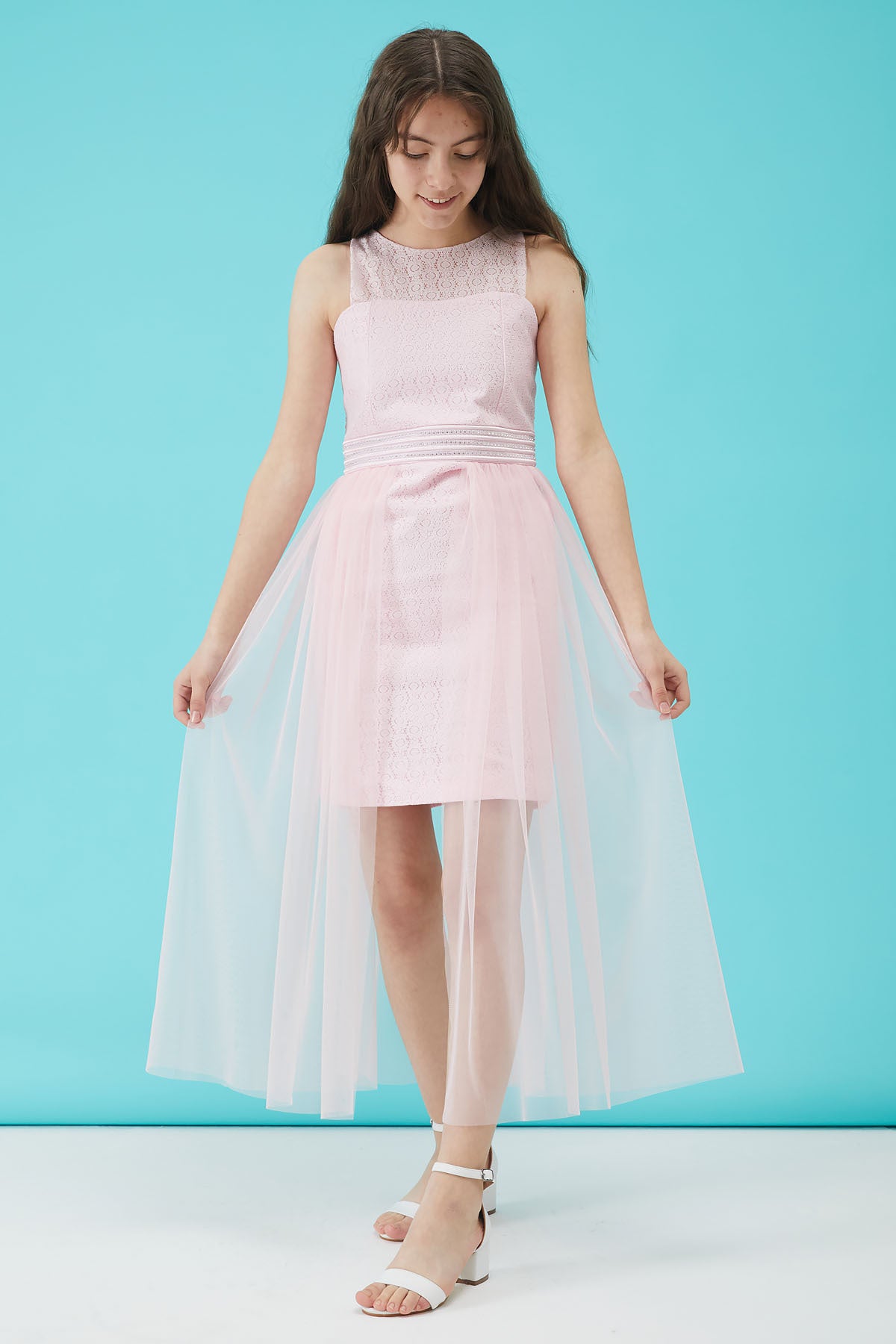 Abendkleid aus Tüll mit Steindetail für Mädchen, Rosa 15161