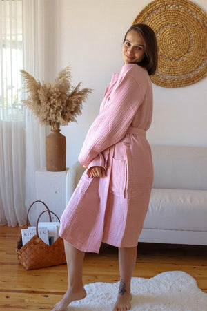 Adult Kimono Bathrobe, 100% Cotton 4 Ply Multi Muslin Pink - Swordslife