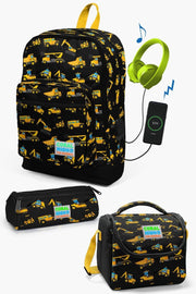 Kids Black Yellow Business Machine Patterned Usb 3 Pcs School Bag Set Set0123288