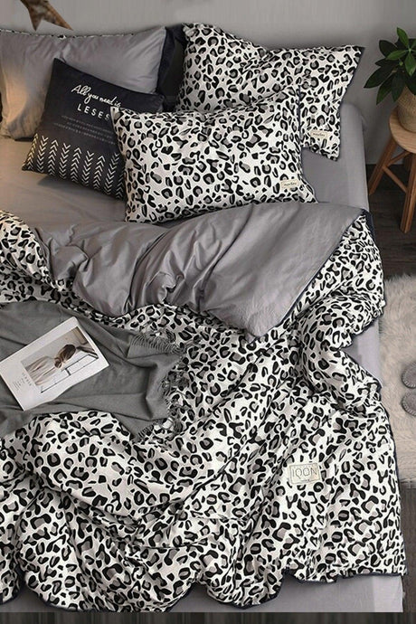 Elastic Linen Duvet Cover Set Single Leopard Pure Black and White - Swordslife
