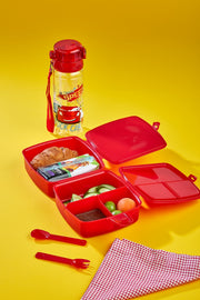 2-lagige Lunchbox mit 4 Fächern und Selbstlöffel und 500-ccm-Wasserflasche mit Strohhalmwagen