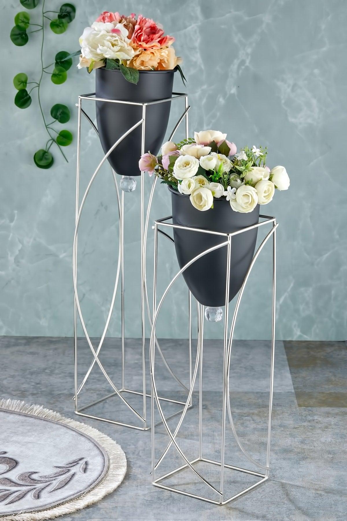 Metal Black Decorative Footed Flower Pot, 2 Pcs Silver Footed Flowerpot, decorative Flowerpot, vase - Swordslife