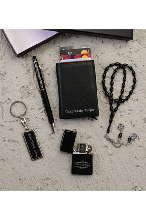 Personalisierter Mechanismus Leder Geldbörse Schlüsselanhänger Rosenkranz Stift und Feuerzeug Set