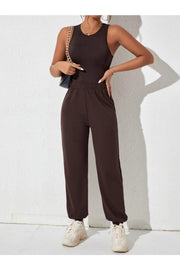 Jogger Sweatpants - Brown, Elastic Leg, High Waist, Summer