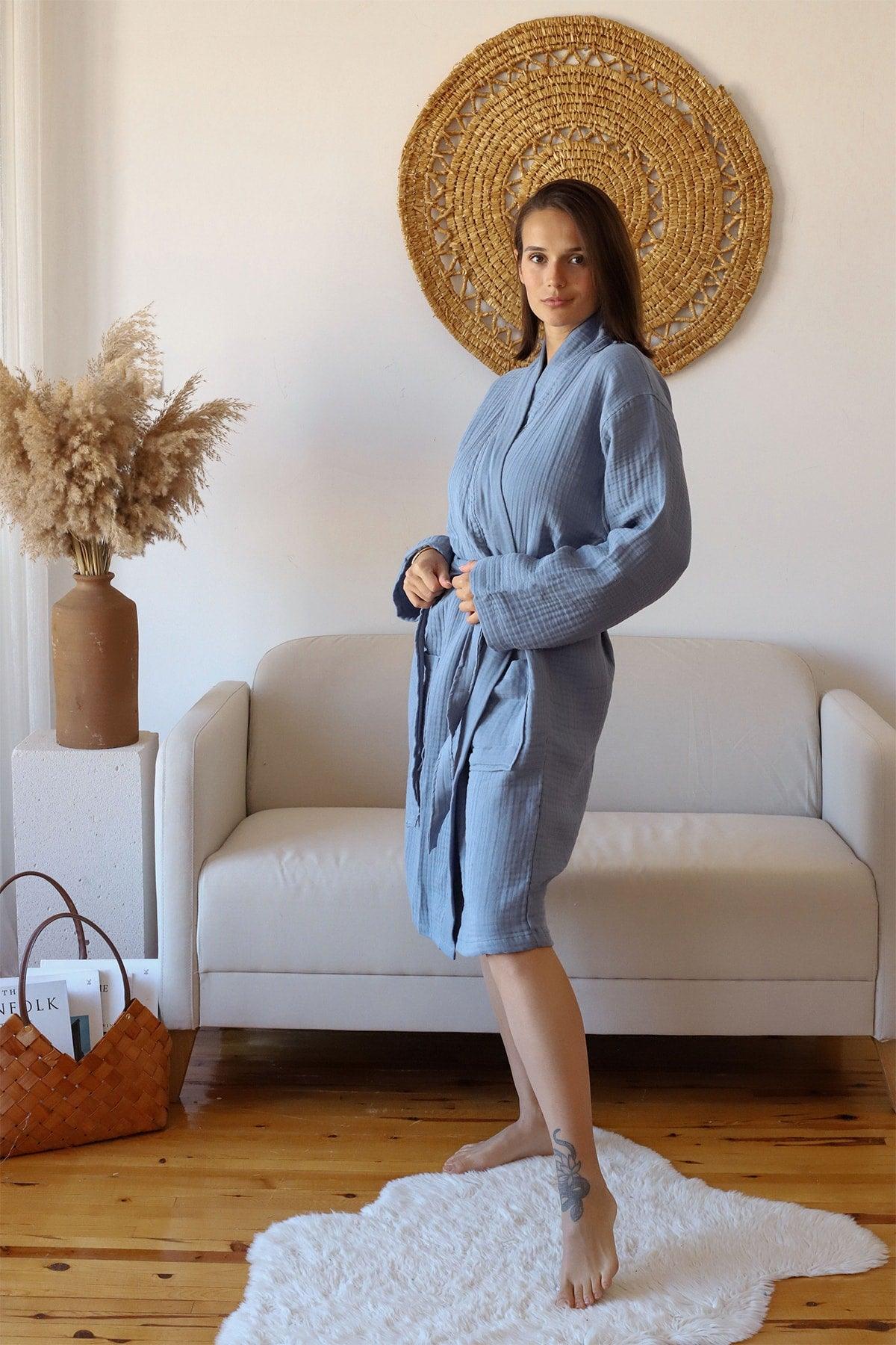 Adult Kimono Bathrobe, 100% Cotton 4 Ply Multi Muslin Baby Blue - Swordslife