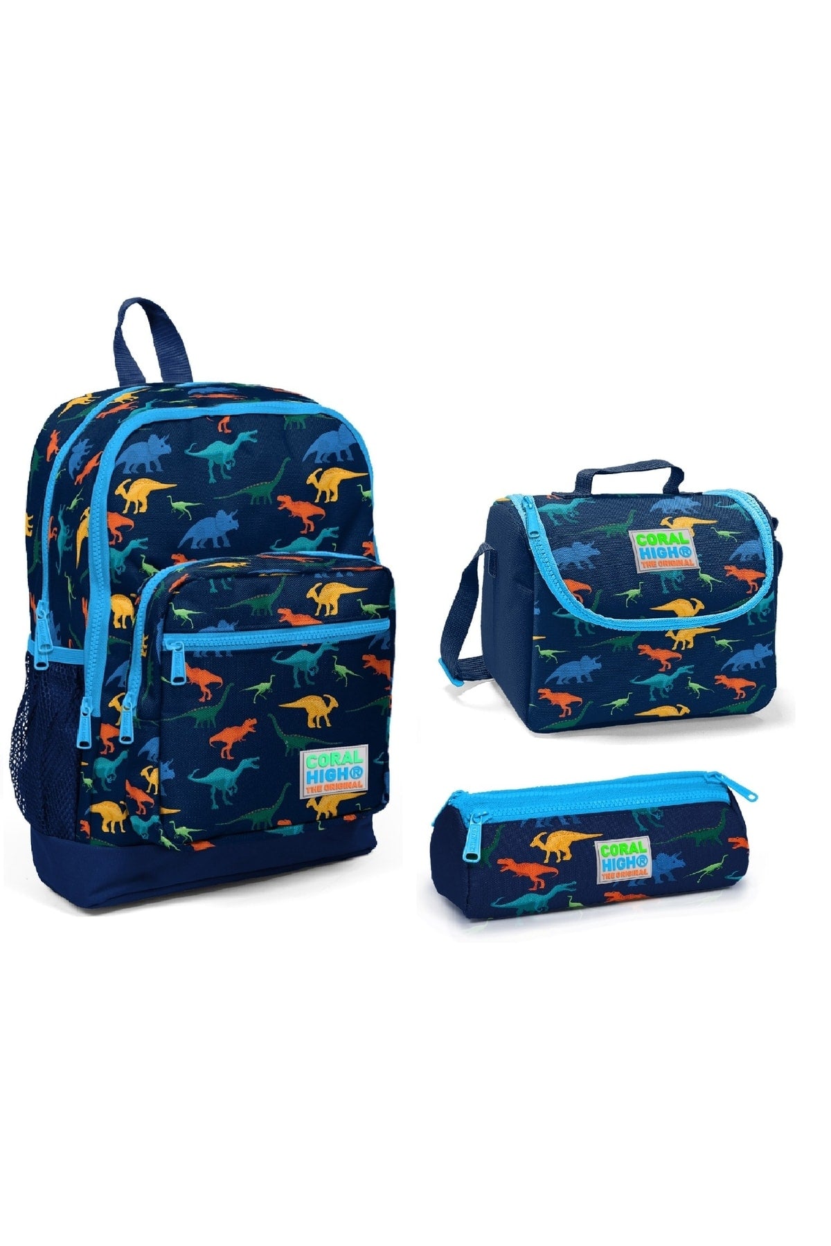 Kids Four Compartment Dark Blue Dinosaur Patterned 3-Pack School Bag Set