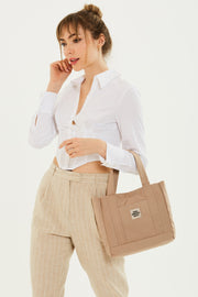 Mink U37 Snap Snap Closure 2 Compartment Front Pocket Detailed Canvas Fabric Daily Women'S Arm And Shoulder Bag U