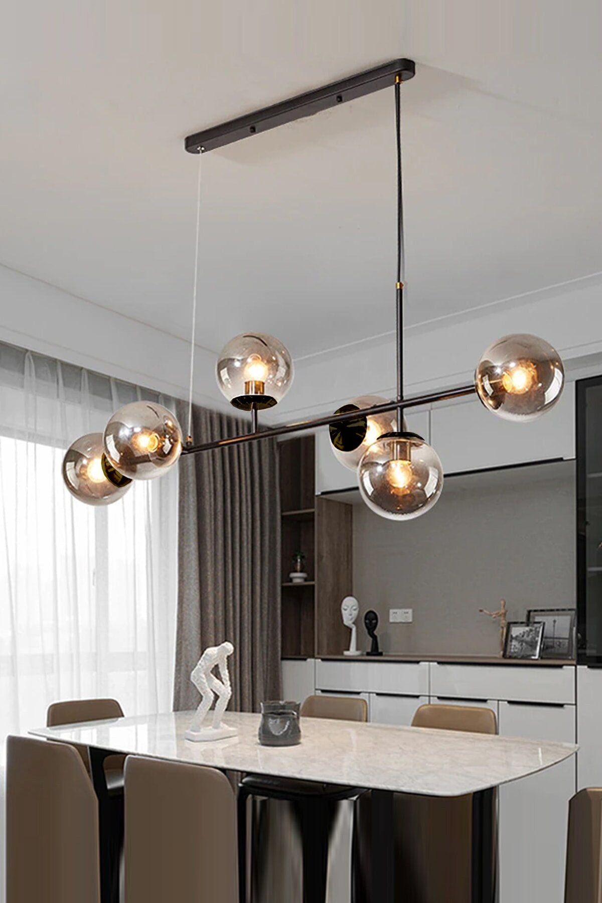 Simao Modern Design Black Color Smoked Glass Living Room - Dining Table Top - Kitchen 6-Piece Chandelier