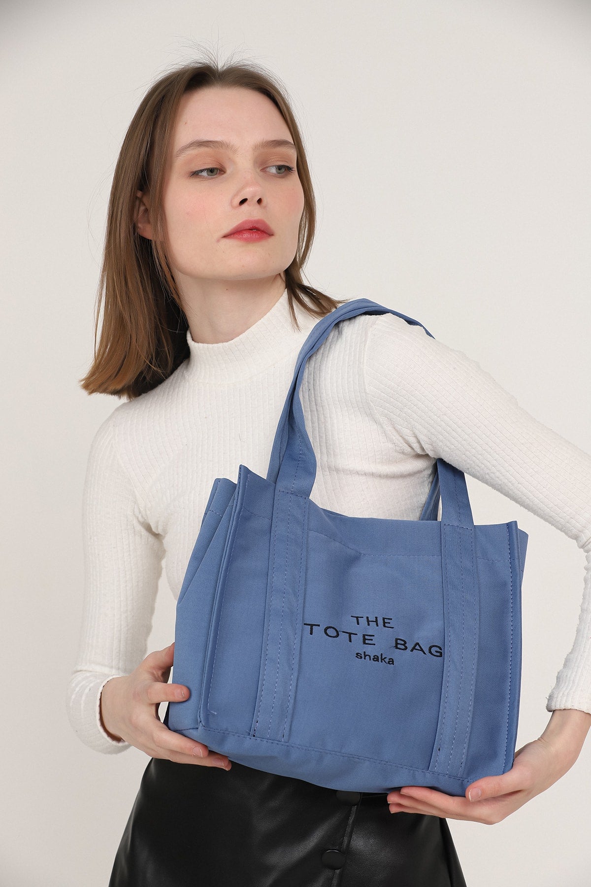 Indigo U45 Snap Closure The Tote Bag Embroidered Canvas Fabric Casual Women's Arm And Shoulder Bag 25x