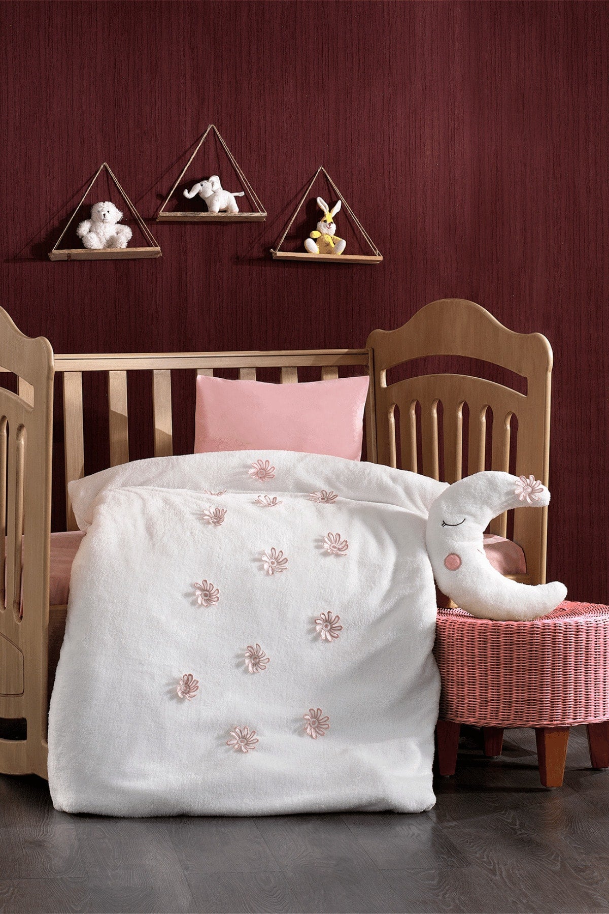 4 Pieces 100% Cotton 3D Floral Pattern And Moon Pillow Pink Baby Duvet Cover Set
