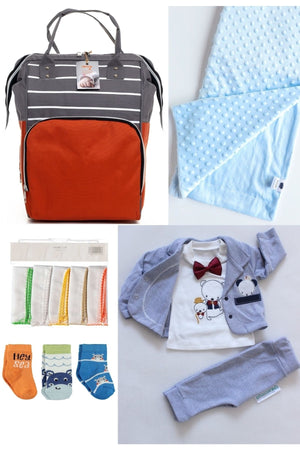 5-teiliges Schwangerschaftsset (Babypflegerucksack, Krankenhausausgang, Kichererbsendecke, 10 Feuchttücher und 3 Socken)