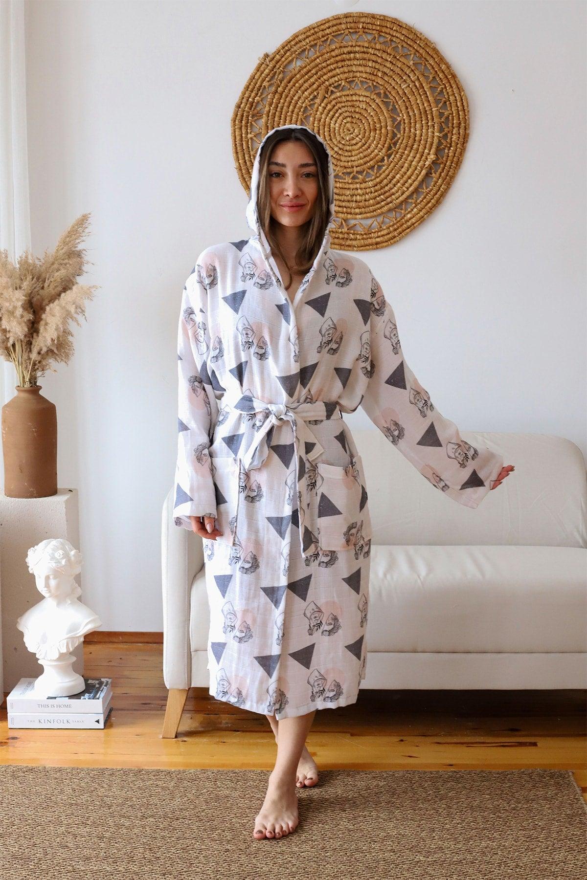 Adult Patterned Muslin Bathrobe, Special Design 100% Cotton 2 Layers Double Sided Hooded - Swordslife