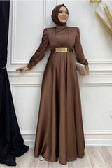 Women's Brown Belted Pleated Detailed Satin Evening Dress T 2973 - Swordslife