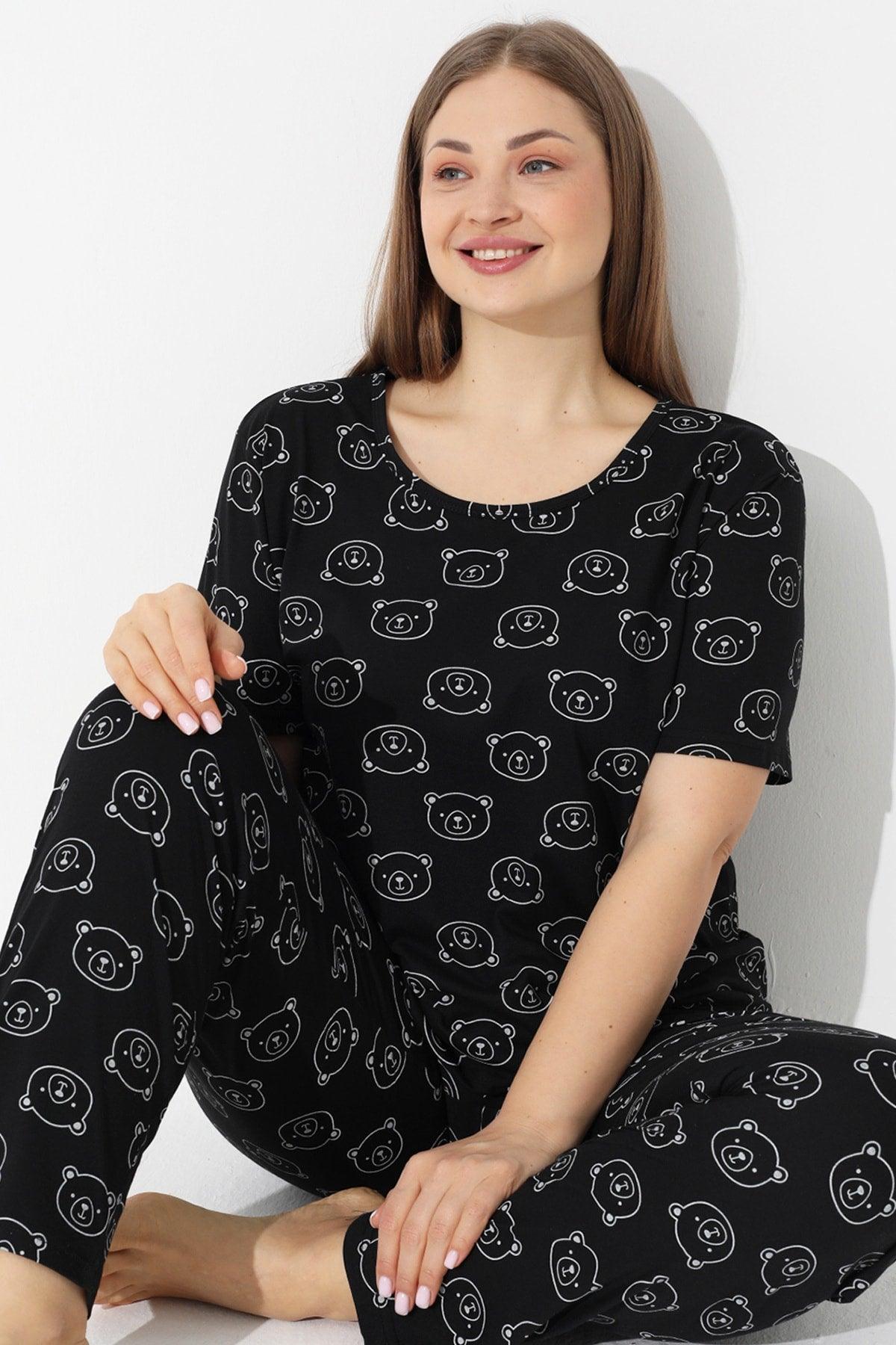 Black Teddy Bear Patterned Curve Large Size Oversized Short Sleeve Cotton Pajamas Set - Swordslife