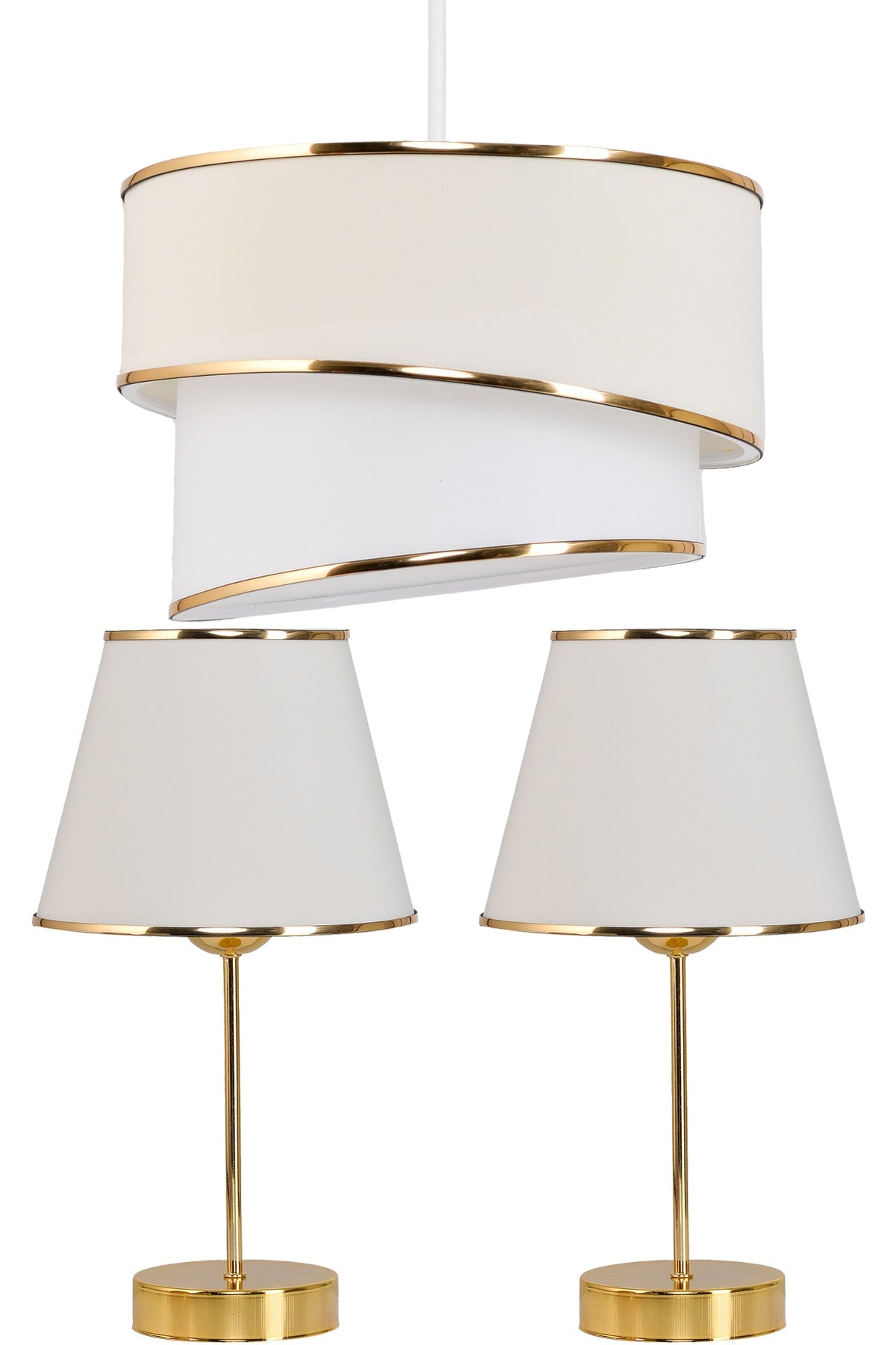 Rüzgar Pasta Single Pendant Lamp Chandelier and Gold Lampshade Set Cream