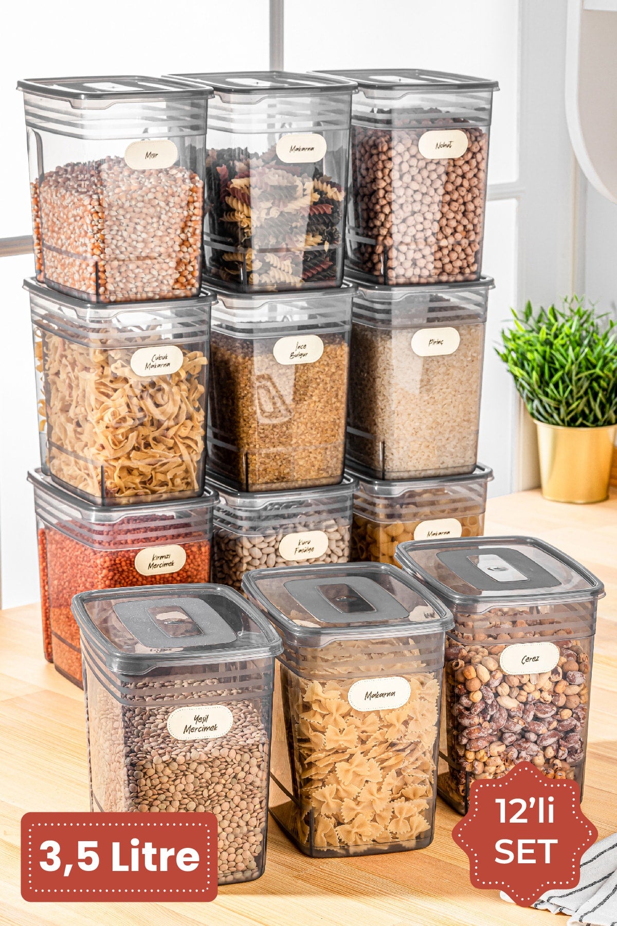 Labeled Set Of 12 Strip Mega Size Food Storage Container 3.5 Liter Anthracite