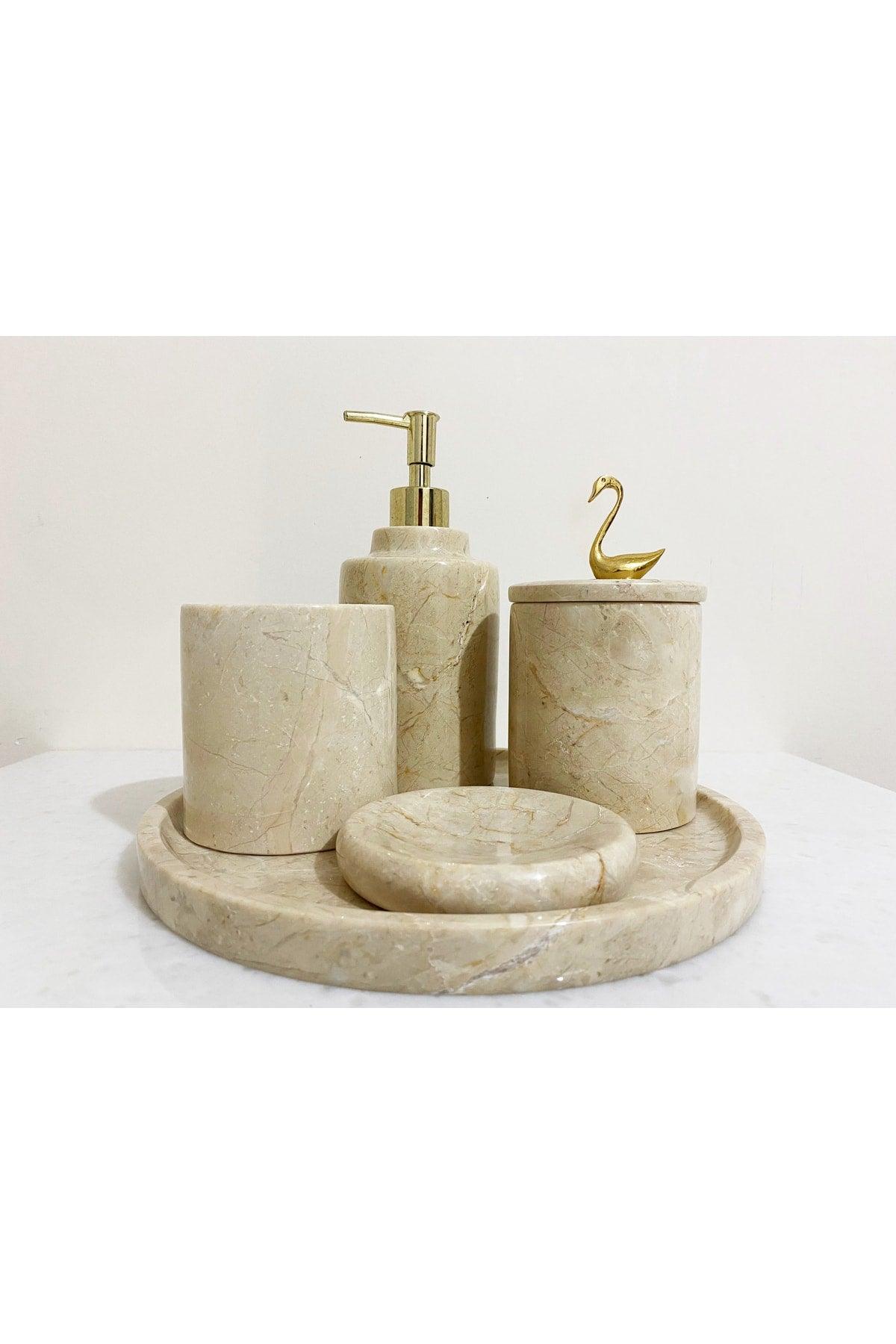 Natural Beige Marble Gold Swan Detailed 5 Pcs Bathroom Set Set - Swordslife